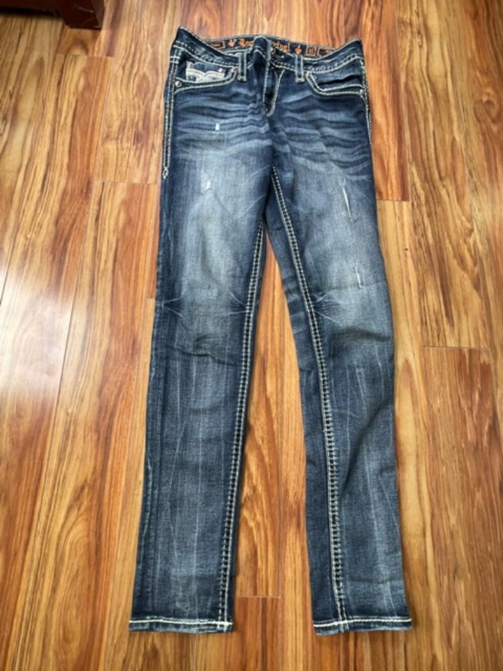 Rock Revival Pilkin Women's Mid Rise Distressed Denim Jeans, Blue Color, Size 31